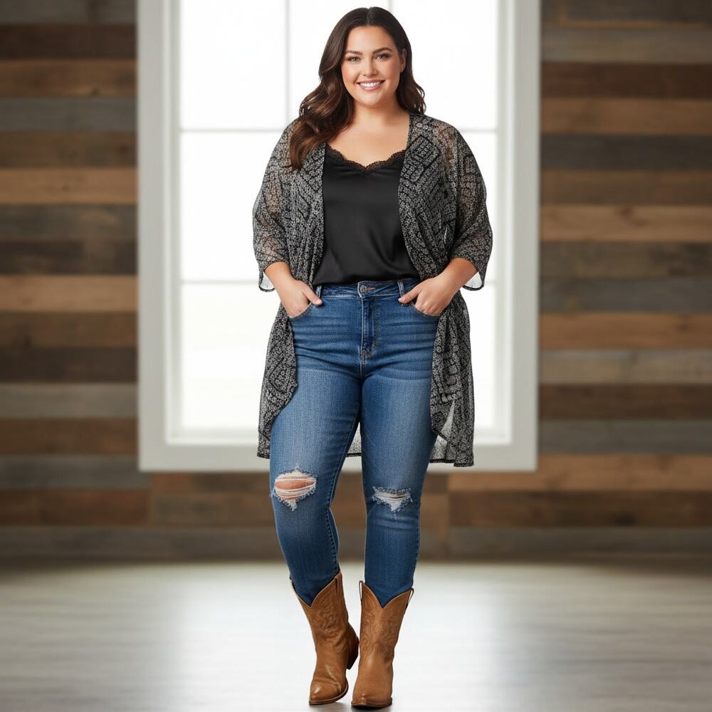 1504 - Ruffhewn Black amd White Kimono - 1X
